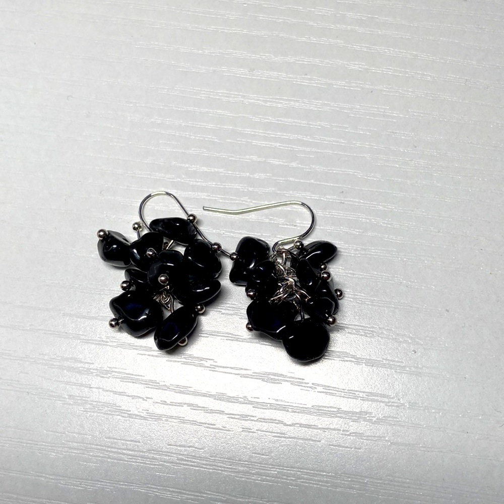 Handmade black obsidian dangle earrings.
